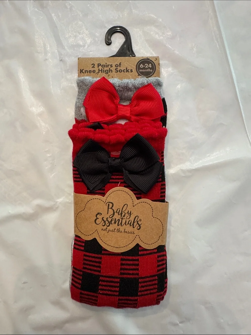 Baby Essentials Red & Black Plaid Knee-High Socks with Bow Accents (2 Pairs)